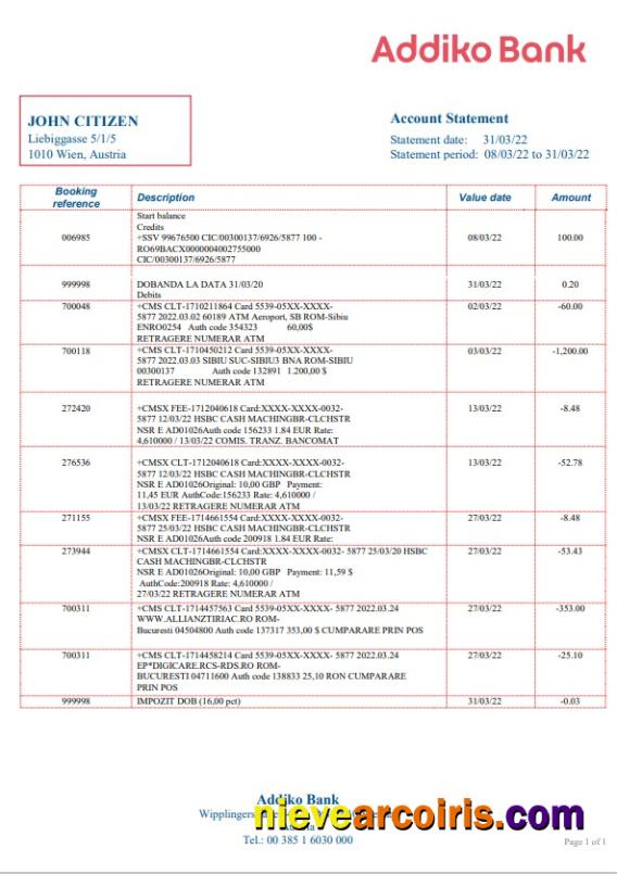 Austria Addiko bank statement in Word and PDF format